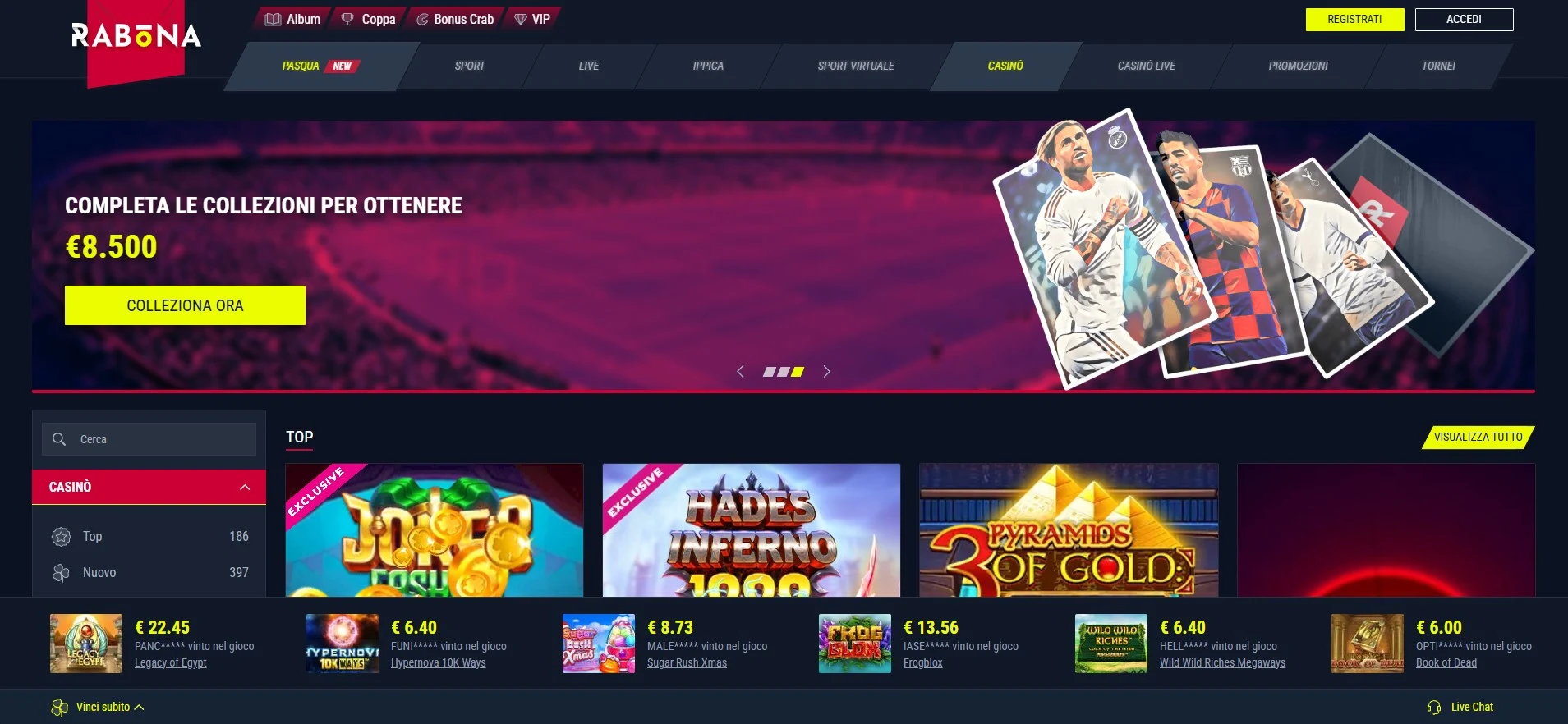 Prima pagina del sito web del casinò Rabona.