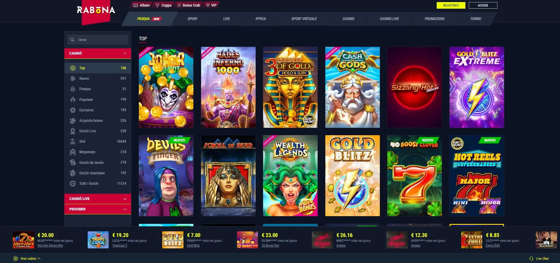 Selezione di giochi del casinò Rabona.